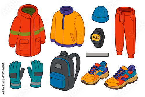 Street Fashion Illustrations. Isometric vector illustration set Street fashion – oversized parka, fleece liner, jogger pants; knit