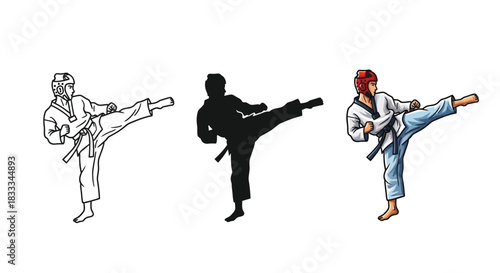 Collection of three taekwondo martial artist performing side kick in different styles outline, silhouette and full color illustration