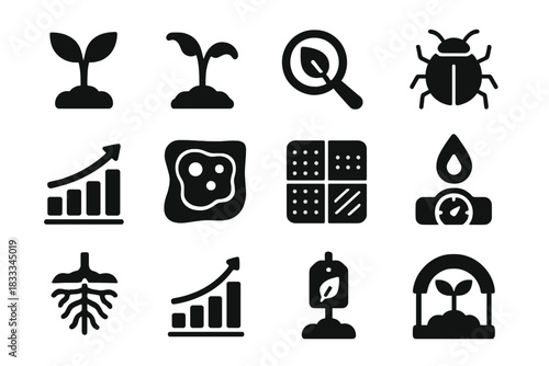 Crop Monitoring Icons. Solid style icons of Crop monitoring: healthy plant, wilting plant, leaf scanner, pest detection, growth
