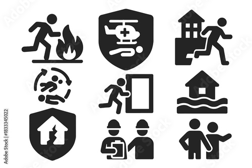 Emergency Simulation Icons. Solid style icons of emergency response simulations: fire drill icon, rescue mission badge, disaster
