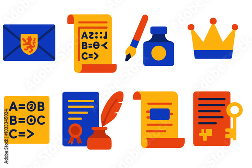 Mary Stuart Icons. Flat vector icons of codes of Mary, Queen of Scots: royal letter, coded parchment, secret ink, wax seal, crown