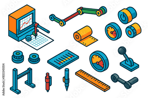 Analog Computing Elements. Isometric vector illustration set Computing: Analog Graph Plotter, Drawing Arm, Input Knobs, Output