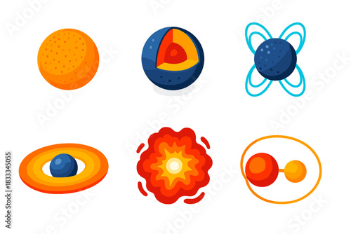 Neutron Star Icons. Isometric vector illustration set Neutron Stars: collapsed star sphere, dense matter core, magnetic field