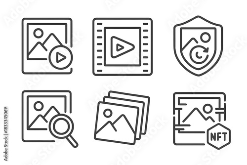 Animated Photography NFTs. Line style icons of animated photography NFTs: cinemagraph token, slow-motion frame, looped photo badge