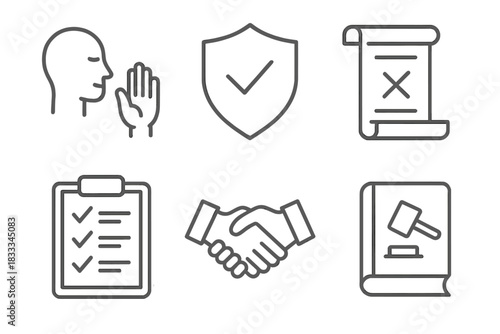 Field Ethics Icons. Line style icons of field school ethics and values: respect icon, integrity badge, do no harm scroll,