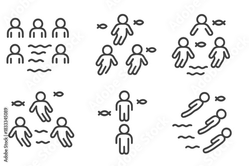 Underwater Team Formations. Line style icons of team formations underwater: 3-3 player spread, triangle attack setup, diamond