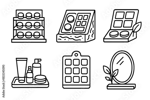 Eco-Friendly Makeup Icons. Line style icons of biodegradable makeup displays: shelf with eco pods, natural-texture display case,