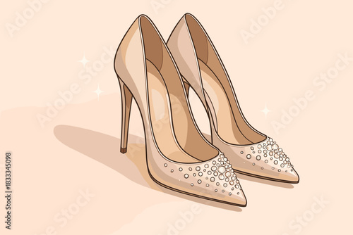 Crystal Adorned Elegance. Elegant high-heeled shoes adorned with crystals, placed on a soft pastel background, subtle lighting