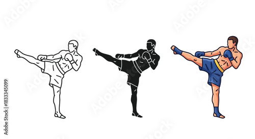 Set of three illustrations depicting a male martial artist performing a side kick or teep kick in muay thai or kickboxing style