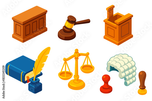 Classic Courtroom Icons. Isometric vector illustration set Classic literature – courtroom bench, gavel block, witness stand; law