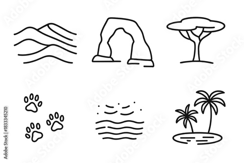 Desert Icon Line Art. Line style icons of iconic desert features: sand dune waves, desert arch rock, lone acacia tree, animal