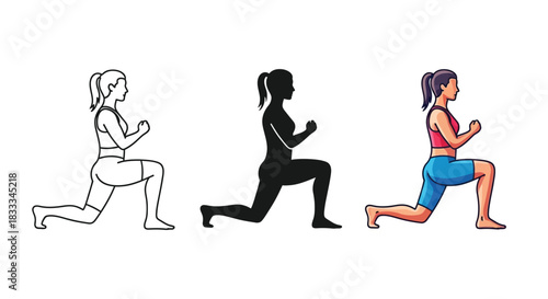 Set of three female figures demonstrating a lunge exercise in outline, silhouette and full color illustration