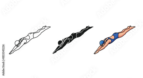 Set of three stylized illustrations showing a female swimmer diving into water, presented in outline, silhouette and full color versions