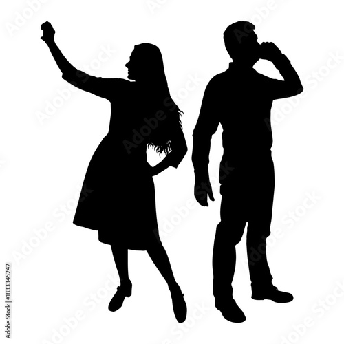 Silhouette of man and woman with mobile phone. Vector illustration.