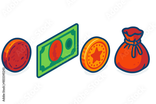 Obsolete Currency Icons. Isometric vector illustration set Obsolete Currency Artifacts: Worn copper coin, discontinued paper note,