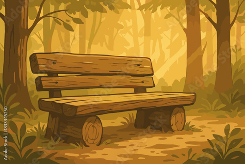 Sunlit Forest Bench. Close-up of a rustic wooden bench in a forest illuminated by soft golden sunlight, vector illustration
