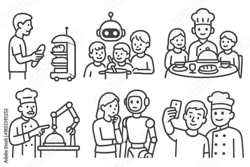Robot-Enhanced Dining. Line style icons of consumer interaction: person with food robot, kids watching bot cook, family dinner