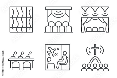 Public Space Acoustic Icons. Line style icons of Public Space Acoustics: concert hall diffusion panel, auditorium with sound