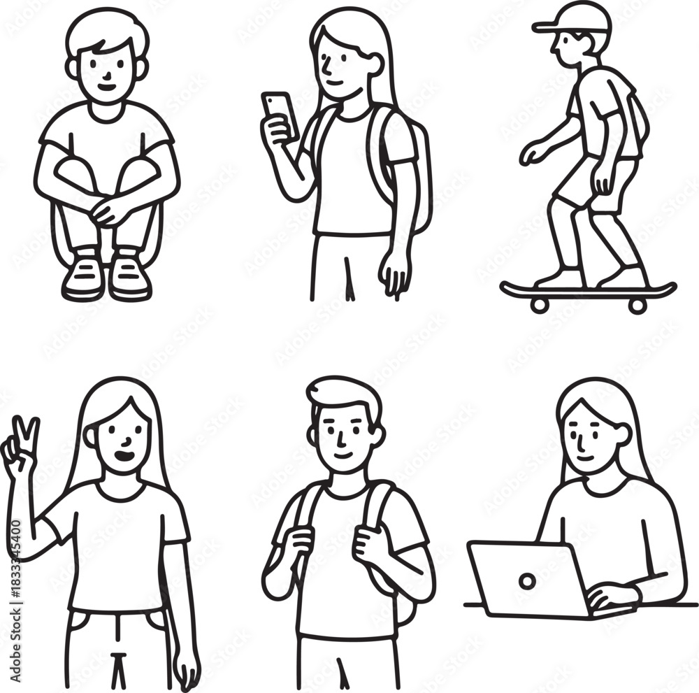Fototapeta premium Collection of hand drawn illustrations of young people engaged in various activities