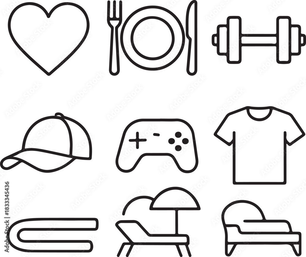 Fototapeta premium Collection of simple line art icons representing lifestyle and leisure activities