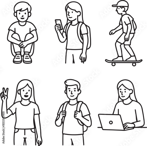 Collection of hand drawn illustrations of young people engaged in various activities