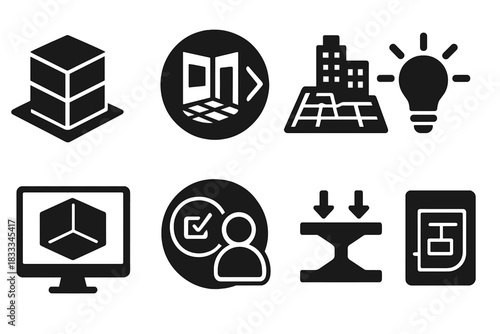 Architectural Simulation Icons. Solid style icons of architectural simulations: 3D building model icon, interior walkthrough badge