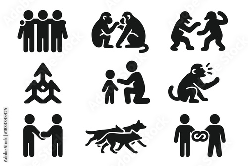 Social Intelligence Icons. Solid style icons of social intelligence: group cooperation, grooming pair, play behavior, coalition