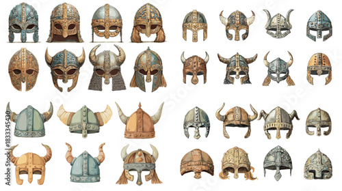Collection of Viking and medieval helmets illustrated with detailed metal textures, horns, face guards, and historic warrior designs inspired by Norse and ancient European armor.