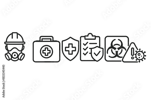 Health Safety Icons. Line style icons of health and safety measures: PPE gear icon, first aid kit, emergency protocol badge,