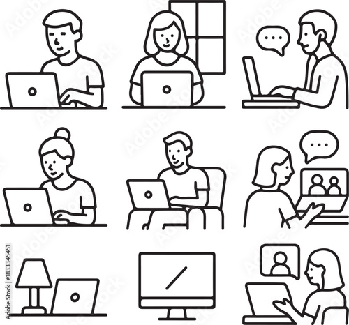 Diverse group of people working and communicating remotely on laptops and computers