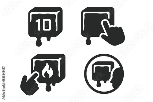 Interactive Melt Icons. Solid style icons of interactive melt timers: countdown drip slab, touch-to-melt panel, viewer-controlled