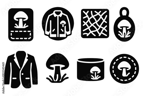 Wearable Mycelium Icons. Solid style icons of wearable mycelium fashion: stitched mycelium icon, growth layer jacket badge, fiber