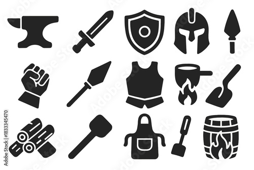 Medieval Smithy Icons. Solid style icons of Medieval Smithy: Anvil, Sword, Shield, Helmet, Gauntlet, Spearhead, Armor Plate,