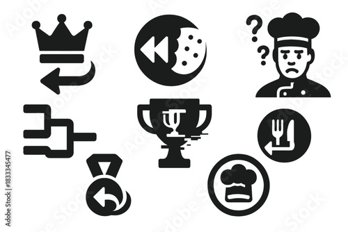 Food Duel Icons. Solid style icons of food competition remixes: challenge vs rewind icon, epic meal reverse logo, leaderboard in