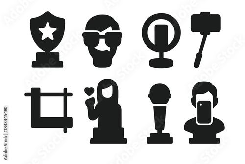 Influencer Icon Sculptures. Solid style icons of influencer and viral icons: verified badge monument, influencer glasses slab,