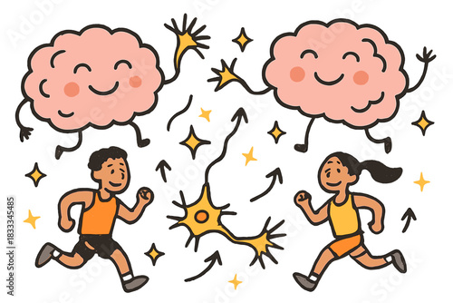 Happy Brain Visualization. Joyful doodle mental endurance visualization with happy brain icons, cartoon neurons firing, smiling