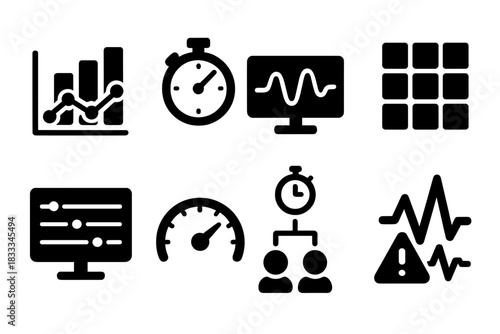 Network Latency Icons. Solid style icons of network latency analysis: packet delay chart, round-trip time icon, jitter wave.