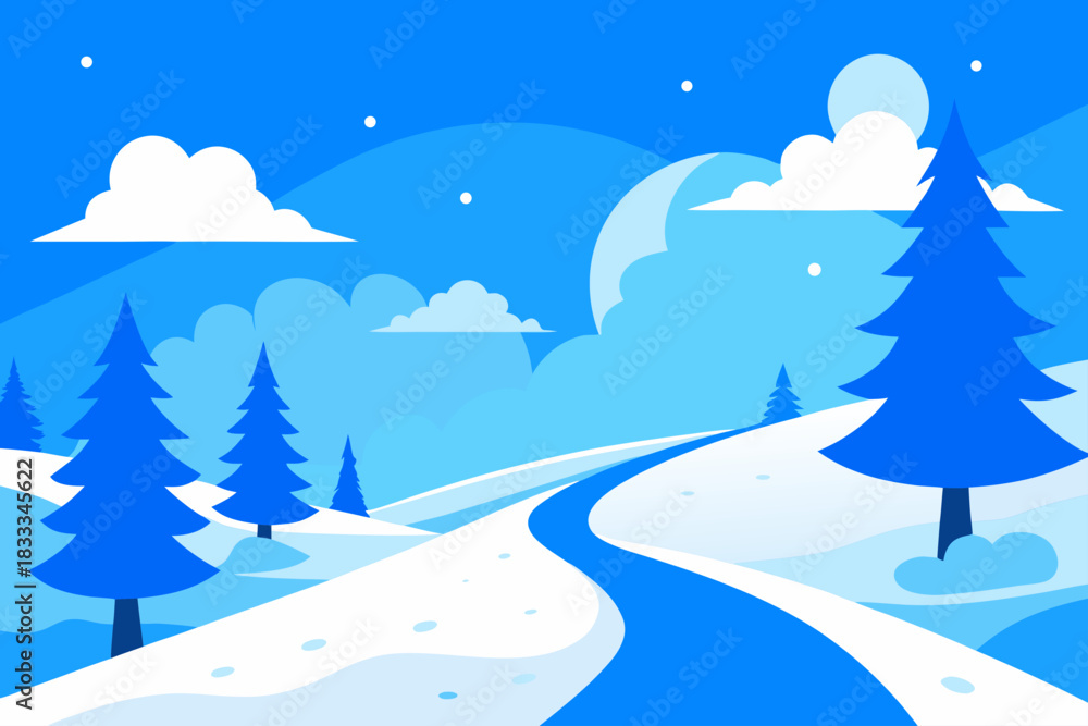 Obraz premium Stylized winter landscape with snow covered path and evergreen trees