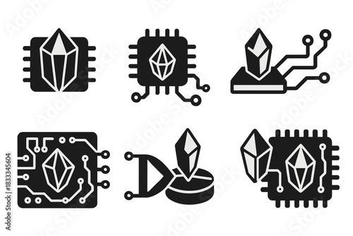 Crystal Computing Icons. Solid style icons of crystal computing: photonic chips, crystalline processors, refractive nodes. Prism