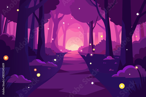 Enchanted forest path with fireflies and purple hues at sunset