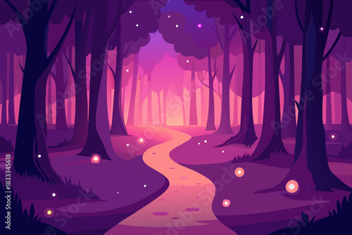 Enchanted forest landscape with glowing lights and winding path illustration