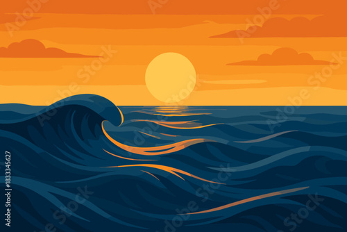 Sunset Ocean Waves. Rolling ocean waves under a golden sunset, deep blue and orange vector illustration tones, serene and