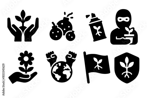 Ecological Resistance Icons. Solid style icons of ecological resistance: rewilding hands, seed bombs, green graffiti. Guerrilla