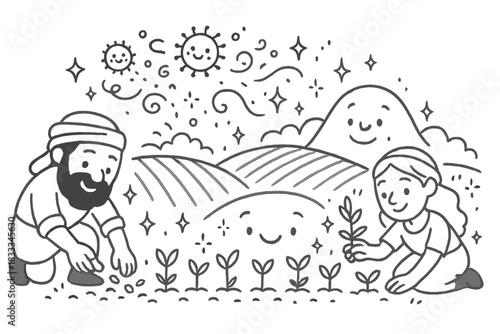 Joyful Agriculture Illustration. Friendly doodle ancient agriculture study with happy characters planting crops, cartoon pollen