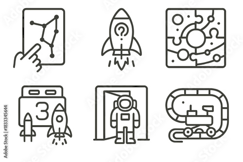 Space Game Icons. Line style icons of space-themed games and challenges: constellation matching game, trivia rocket icon, puzzle