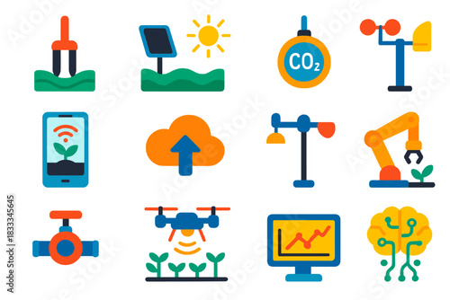 Smart Farming Icons. Flat vector icons of smart farming sensors: soil moisture probe, light intensity sensor, CO2 monitor,