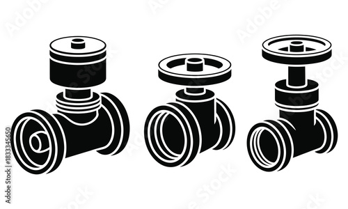 Three black isometric industrial pipe valves on white