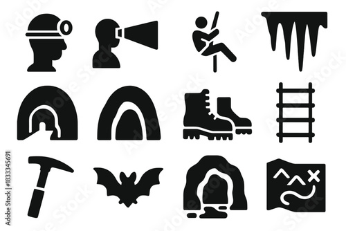 Speleology Icon Set. olid style icons of speleology: caver with helmet, headlamp beam, rope descent, stalactite cluster,