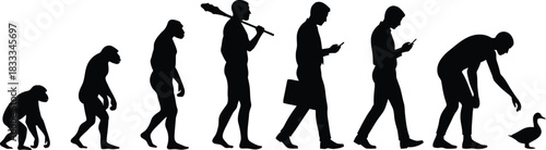 Human evolution reaching out to a duck silhouette