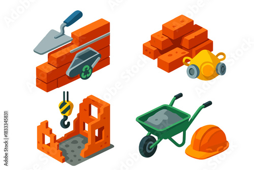 Eco Construction Tools. Isometric vector illustration set Eco construction – recycled brick wall, mortar trowel, brick saw; pile
